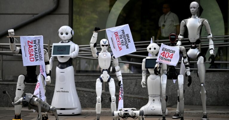 Dozens of Humanoid Robots Gather for a Protest, Marching and Waving Signs